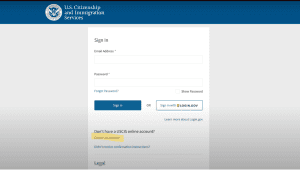 USCIS login page screenshot with fields for email and password, and options to sign in or register via Login.gov. Links for password recovery and account creation are visible.