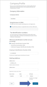 Form for a company profile submission, including fields for company name, tax identification number, and mailing address. A large blue arrow points to a "Continue" button at the bottom.