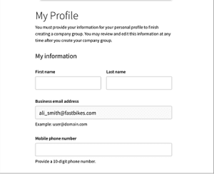 Profile form with fields for first name, last name, business email (example filled), and mobile phone number (empty). Includes instructions on editing information and email example format.