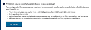 Notification about creating a company group, listing abilities like handling H-1B petitions and registrations. Includes a "Get started" button.