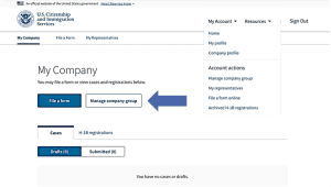 USCIS web page showing options for "File a form" and "Manage company group." Menu includes profile and account actions. Displays case statuses: drafts and submitted. No cases shown.