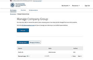 USCIS webpage titled "Manage Company Group" showing options to add or manage users. Table displays one user with name and role.