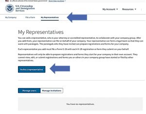 USCIS webpage section titled "My Representatives" with options to invite a representative, manage users, and manage invitations. Two large blue arrows point to instructions and a button.