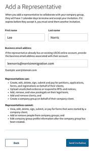 Add a Representative form with fields for first name, last name, and business email. Includes instructions and representative permissions. "Send invitation" button at the bottom.