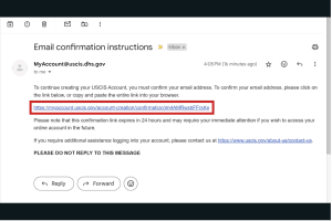 Email from USCIS with confirmation instructions including a link and expiration notice. Includes options to reply, forward, or mark as spam.