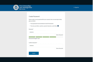 USCIS password creation screen showing fields for password and confirmation, password strength meter indicating "Good," and a "Submit" button.