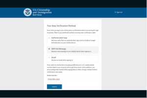 U.S. Citizenship and Immigration Services page showing two-step verification options: Authentication App, SMS Text Message, and Email, with a field to enter a mobile number.