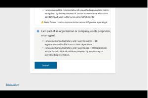 Form submission page with options for accredited representatives, organization representatives, or agents. A highlighted option indicates company, sole proprietor, or agent selection.