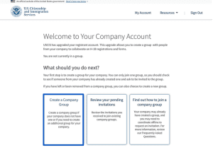 USCIS webpage introducing company account features, with sections on creating a company group, reviewing pending invitations, and joining existing groups.